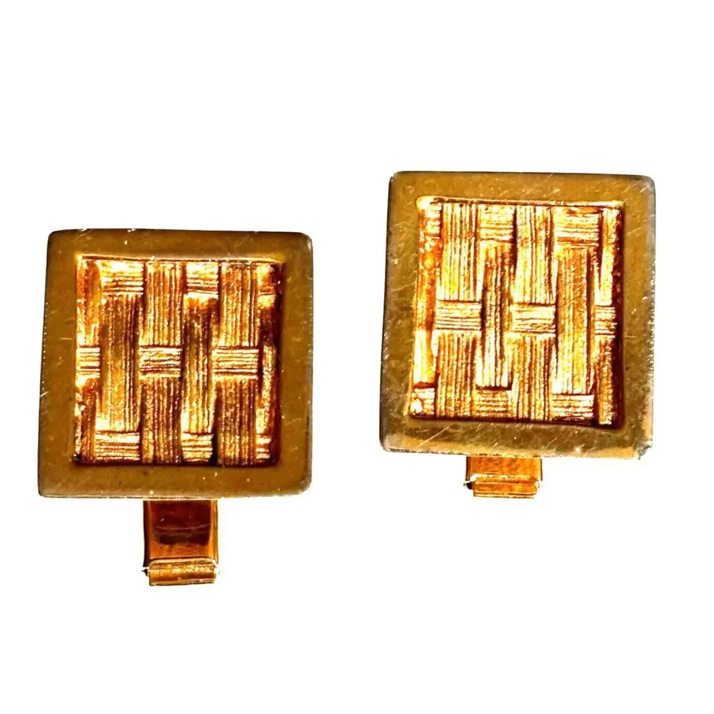 Vintage mid century cufflinks woven textured goldtone squares classic 1960's